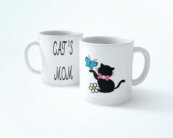 CATS MOM SERİSİ KEDİ VE KELEBEK  beyaz renkli seramik kupa bardak