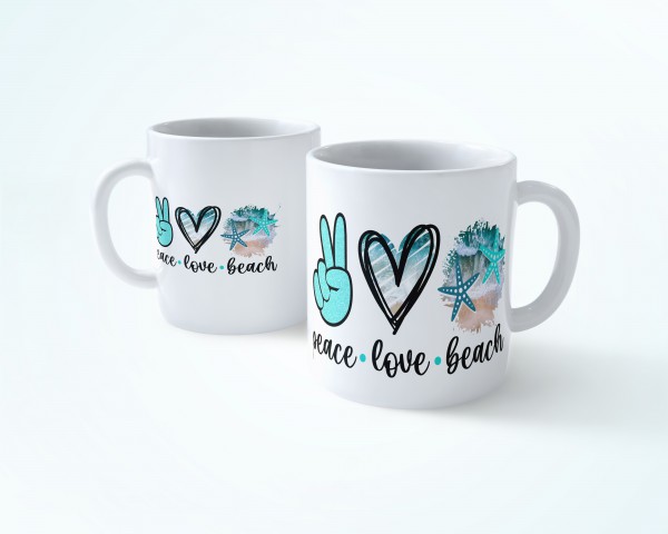 PEACE LOVE BEACH  beyaz renkli seramik kupa bardak